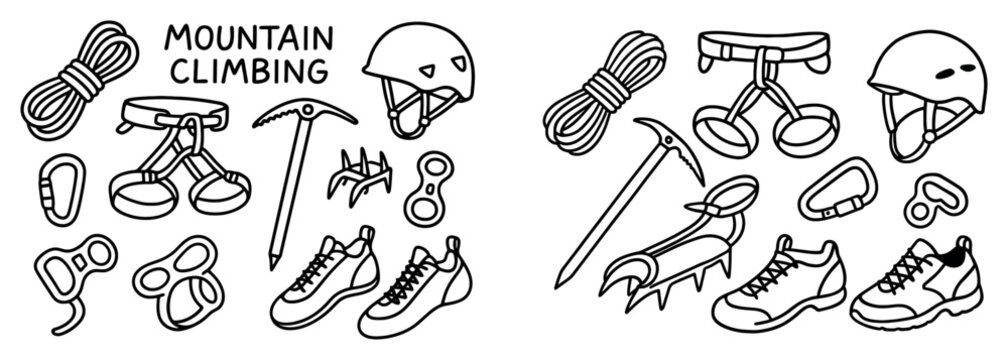 Climbing icons with rope crampon helmet outline