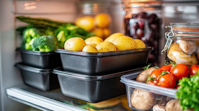 Fresh vegetables and potatoes stored neatly inside a refrigerator.