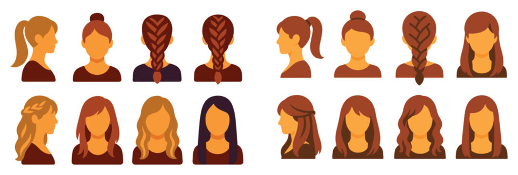 Hairstyle icons with braid ponytail waves flat