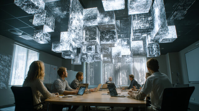 Team meeting room with data projections floating in mid-air. 