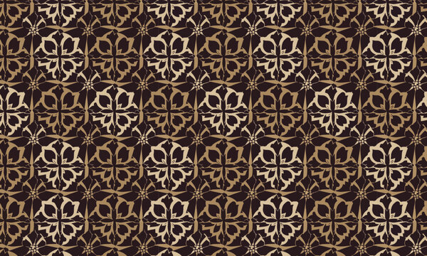 Seamless Dark Brown and Gold Dahlia Medallion Batik Pattern &mdash; Rich Indonesian Floral Ornamental Allover Repeat Vector for Luxury Textile and Wallpaper