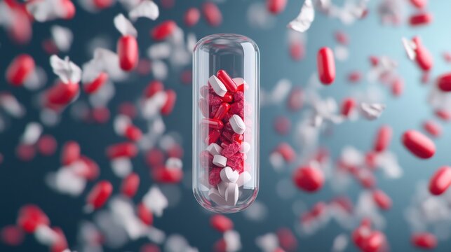 Medical capsule with falling pills and tablets