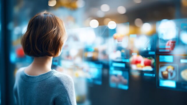 Person pausing at storefront while observing digital menu display in detail