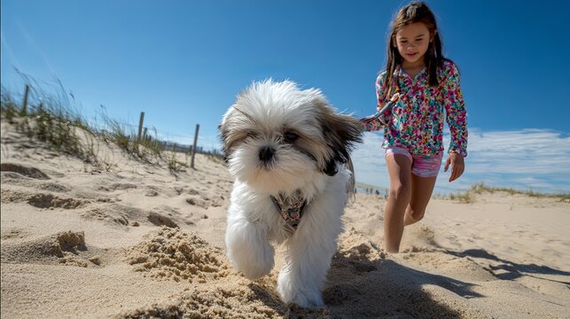 Young girl walks fluffy Shih Tzu puppy on the sand at Cape Hatteras National Seashore.