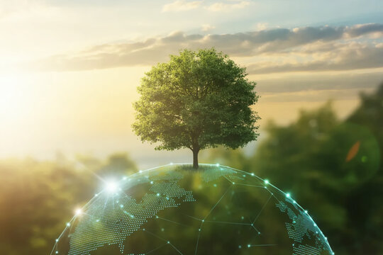 Sustainable tree growing on digital globe at sunrise