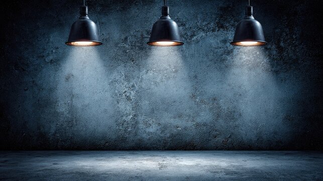 Three industrial pendant lamps illuminate a textured dark concrete background with a floor space