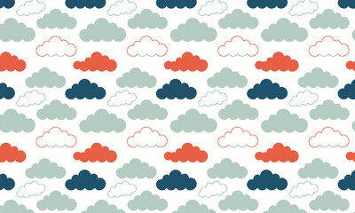 Obraz premium Seamless Scattered Cloud Pattern in Coral, Teal and Gray — Cute Minimalist Sky Vector Design