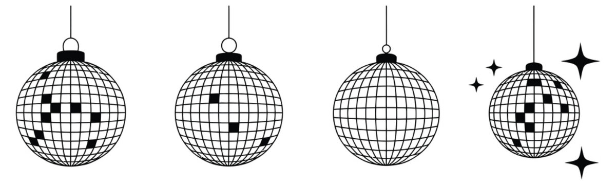 Set of four geometric disco balls with reflective facets and hanging chains on white background
