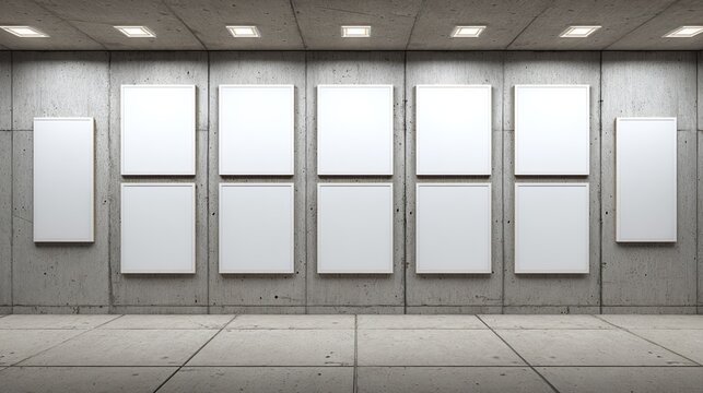 Multiple rectangular frames are mounted on a raw concrete wall beneath recessed ceiling lights