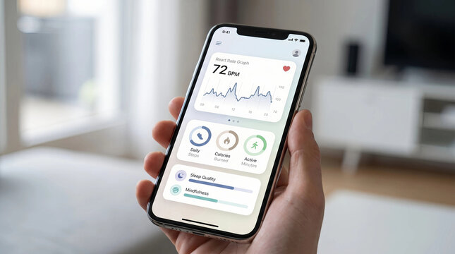 Hand holding smartphone with fitness tracking app showing heart rate graph, steps and sleep metrics