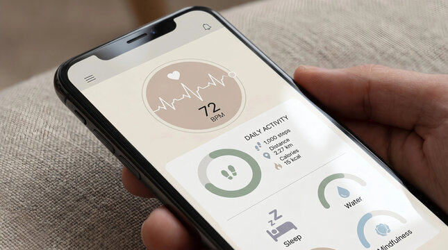 Hand holding smartphone showing fitness tracker dashboard with heart rate, steps and wellness stats