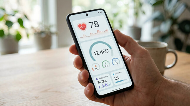 Hand holding smartphone with health app dashboard showing heart rate, hydration and sleep