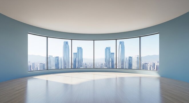 A wide-angle view of a curved empty room with blue-gray walls and a large panoramic window. The window offers a stunning view of a modern city skyline with skyscrapers.