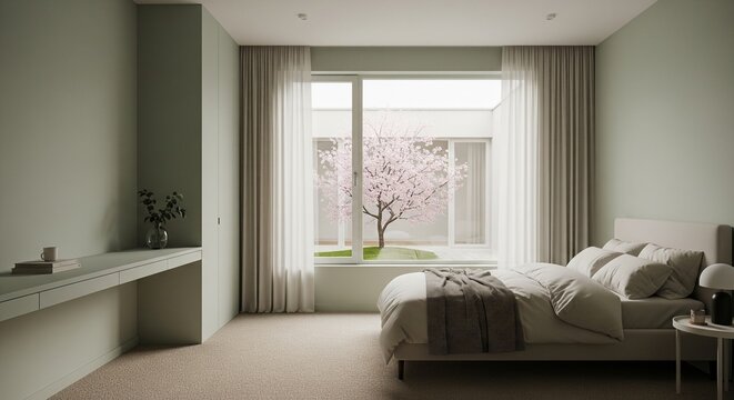 A cozy modern bedroom with light green walls and beige carpet. The bed is neatly made, and large windows with sheer curtains reveal a blooming pink tree outside