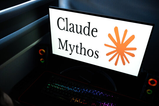 Punta Arenas, Chile &ndash; April 27, 2026: The Claude Mythos artificial intelligence brand logo displayed on a computer screen