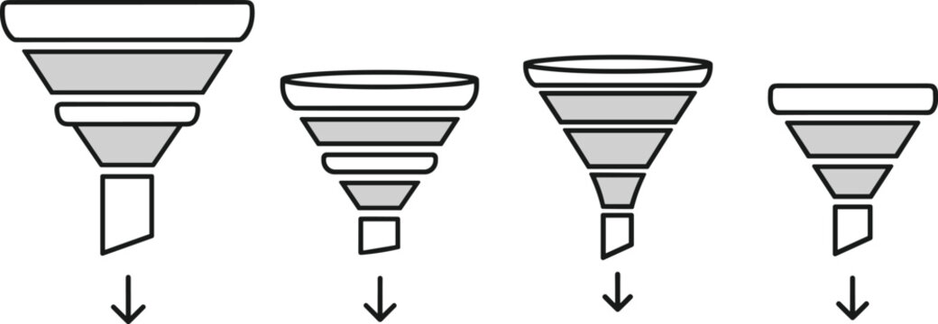 Four different funnel vector icons demonstrating stages of process or data flow, line art style.