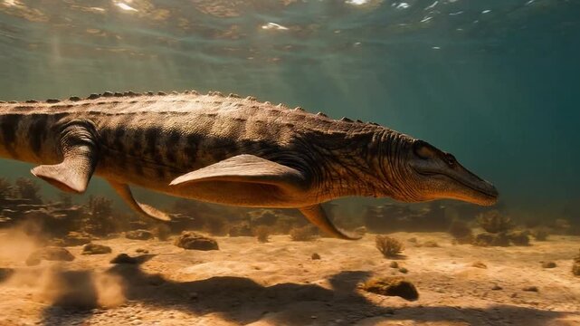 Prehistoric marine reptile Mosasaurus swims through ancient ocean depths in dynamic video animation