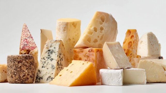 Various cheeses sit on a white background.