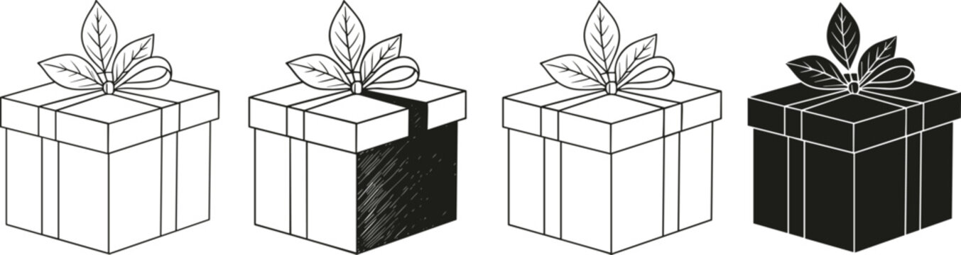 Gift box outlines with ribbon and leaves for celebration occasions holiday presents and surprise packages.