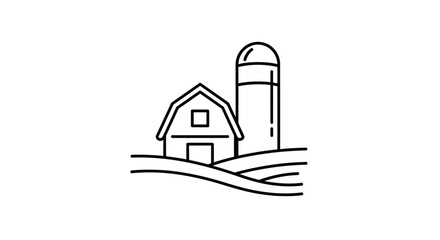 Farm Barn and Silo Icon, Rural Landscape, Simple Line Art © ARDI