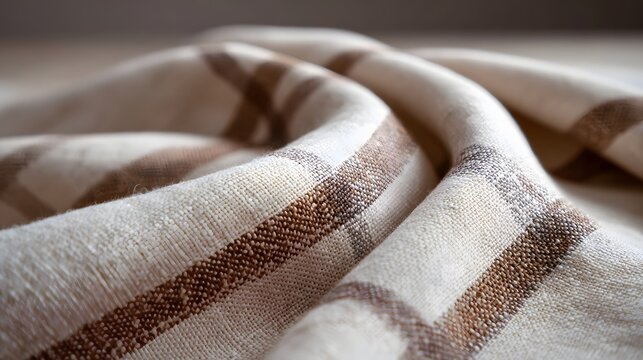 Close up view of soft draped beige and brown plaid fabric showcasing the natural linen texture and warm rustic tones
