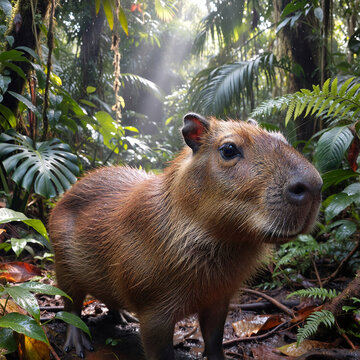Capybara in tropical rainforest with sunlight rays (Capivara na floresta tropical sob raios de sol)