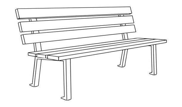 Line art illustration of a park bench, isolated outline vector on a white background.