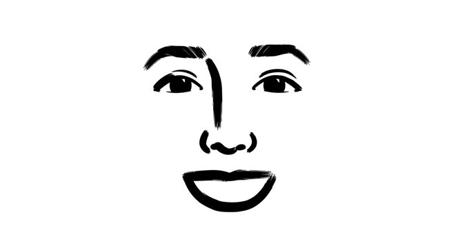 Hand-drawn face with a big smile, expressive eyes, and eyebrows, minimalist style