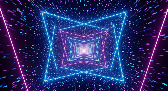 A vibrant, futuristic abstract tunnel with glowing neon blue and pink geometric lines receding into a distant light, surrounded by sparkling particles.