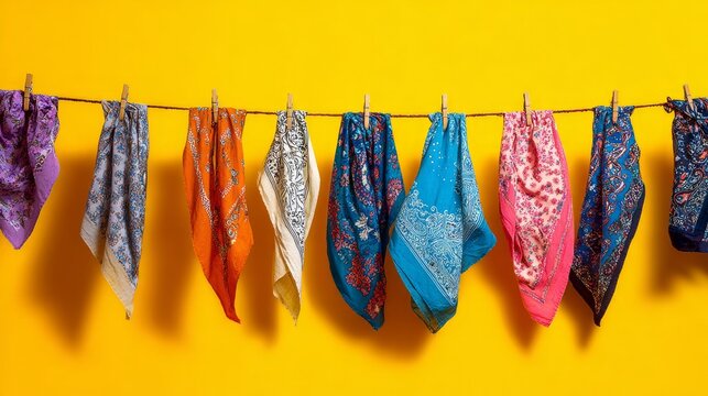 Colorful kerchiefs draped on a line, set against a bright yellow backdrop.