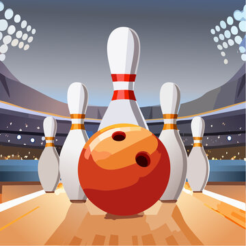 Boule de bowling frappant des quilles sur piste &eacute;clair&eacute;e