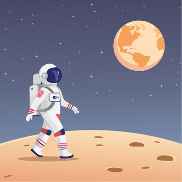 Astronaute marchant sur un sol extraterrestre avec plan&egrave;te en arri&egrave;re‑plan