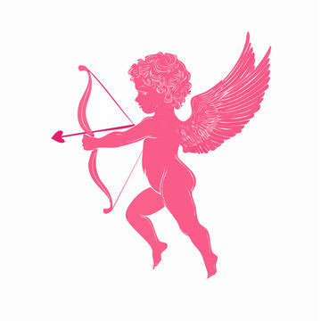 Silhouette rose de Cupidon avec arc et fl&egrave;che en style romantique