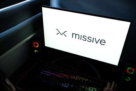 Punta Arenas, Chile &ndash; April 27, 2026: A computer monitor displaying the Missive team email and collaboration software logo on a white screen in a dark home office