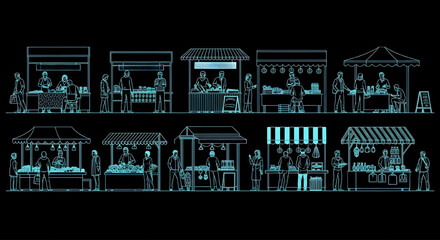 Fototapeta premium AutoCAD Market Stall CAD Block Set – Fresh Food Crafts Sweets Vendor Booths Elevation Blueprint Cyan Outline on Black Background