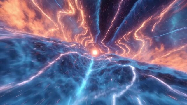 Fiery and blue cosmic streams merging in vibrant abstract style on expansive dark space background, concept of dynamic universal energy