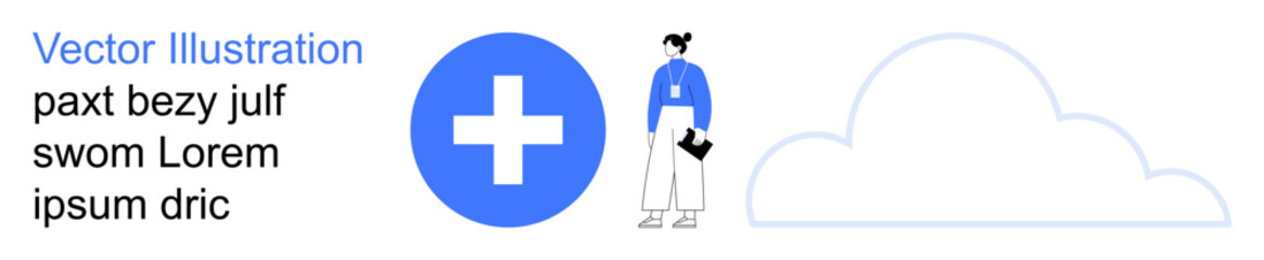Fototapeta premium Healthcare, digital platforms, data storage, online services, cloud computing, telemedicine. Blue cross icon, person and cloud graphic. Healthcare and digital platforms concepts illustrated