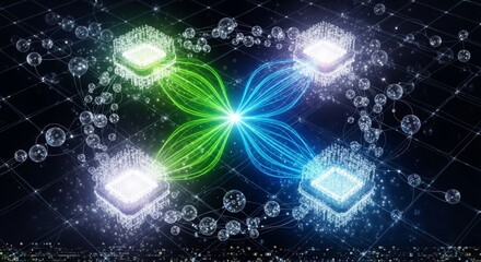 Fototapeta premium Abstract visualization of a high-tech data network with glowing microchips and intricate connections, symbolizing digital communication, advanced computing, and the future of information technology