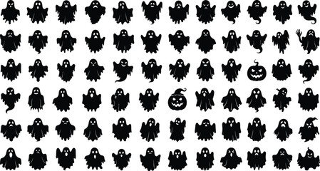 Fototapeta premium Huge Halloween ghost and pumpkin silhouette collection, spooky character icons set.