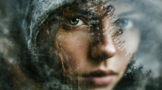 A mysterious woman with piercing eyes, her face partially obscured by an ancient forest double exposure photography