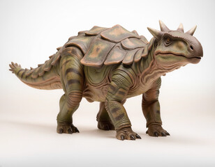 Fototapeta premium Realistic prehistoric armored dinosaur replica standing on a white background, showcasing detailed scaly skin and protective plates, capturing ancient creature essence