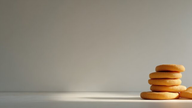 Minimalistic scene with a stack of ring-shaped sponge cakes casting shadows on a smooth surface under soft natural light with neutral background wall