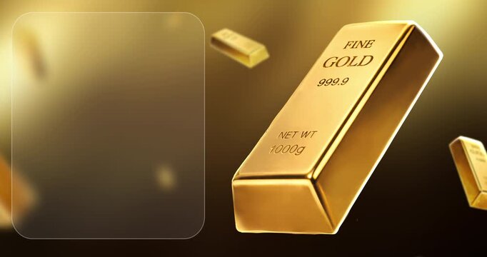 4K looping motion background with gold bars and UI glassmorphism panel, concept for financial presentation, stock market dashboard, and gold investment website.