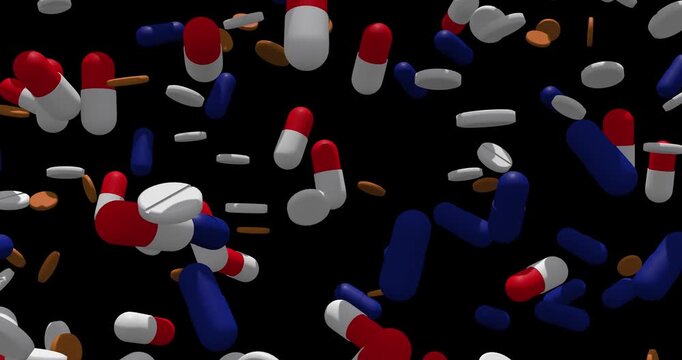 Falling medicine pills capsules tablets on black