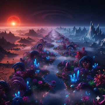 Alien landscape on tidally locked exoplanet with red dwarf star and bioluminescent flora