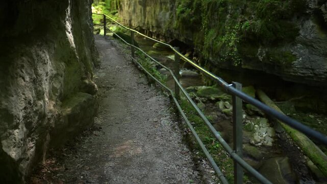 Twannbach Gorge, Switzerland - Shaded gravel trail with metal railing beside a small stream in a rocky gorge, surrounded by green moss and vegetation.