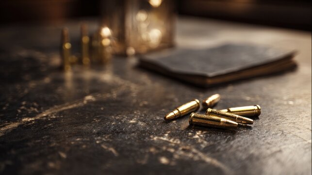 Metal bullets rest on a dark, rough table, leaving room for words.