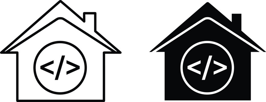 Outline and solid black house icon with code symbol inside circle on transparent background vector.