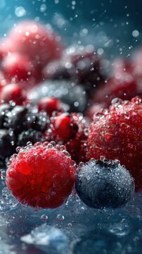 Fresh mixed berries covered in sparkling water droplets showcasing vibrant red raspberries and deep blue blueberries in a refreshing close-up view