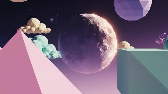 Abstract Low Poly Space Scene with Planets and Clouds, Cosmic Fantasy